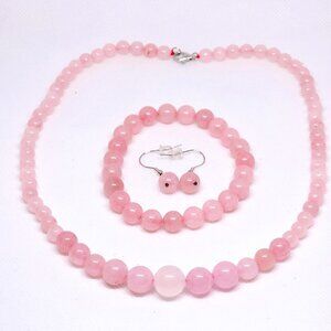 Rose Quartz beaded bracelet, earrings and necklace set 18" in Rhodium over 925SS